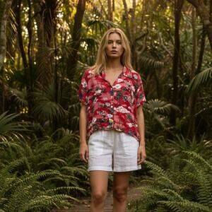 Vintage Bonkers Womens Hawaiian Short Sleeve Button Front Top Red Size Large